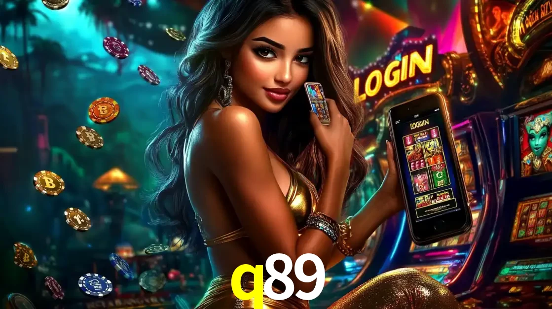 Mulher em um cenário de cassino temático de aventura, mostrando o app de caça-níqueis da q89 no celular. Fichas de apostas flutuam ao redor.