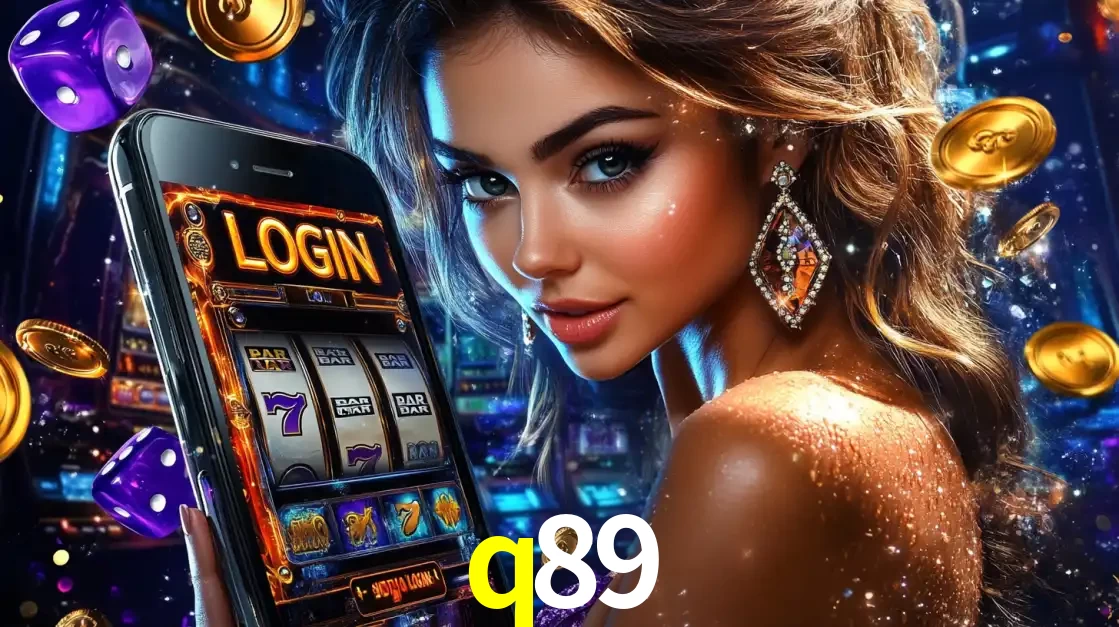 Mulher glamorosa segurando um smartphone com a tela de login para os jogos de caça-níqueis do cassino online q89, com moedas de ouro e dados ao redor.