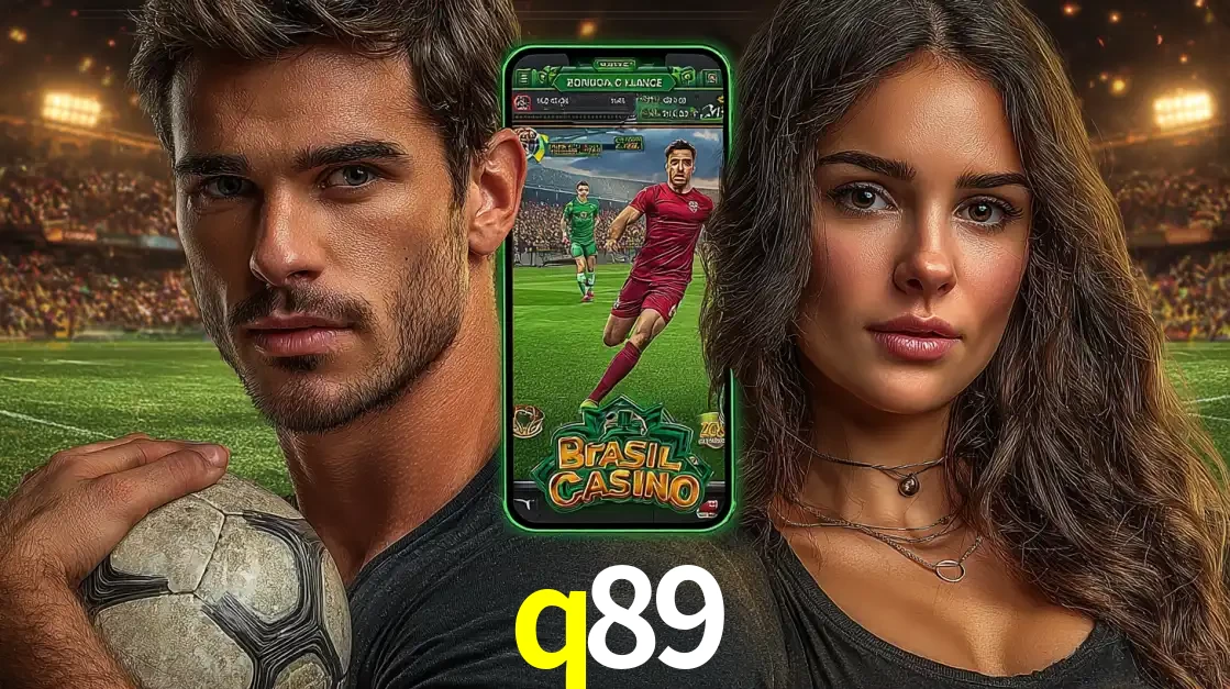 Homem segurando uma bola de futebol e uma mulher ao lado de um smartphone exibindo o jogo de apostas esportivas da q89. Faça seu palpite no cassino online.
